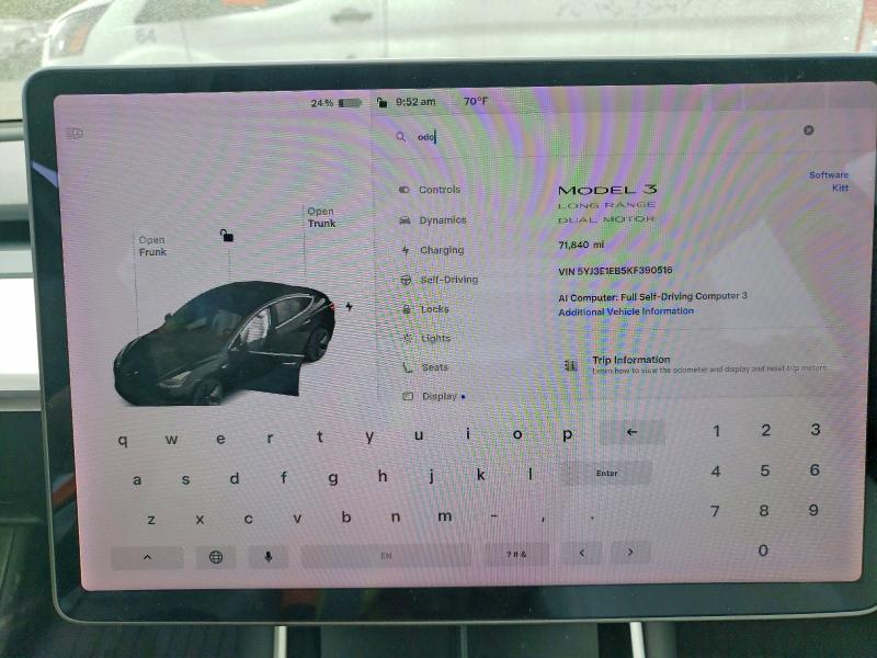 Photo 9 from auction – 2019 TESLA MODEL 3 with VIN 5YJ3E1EB5KF390516