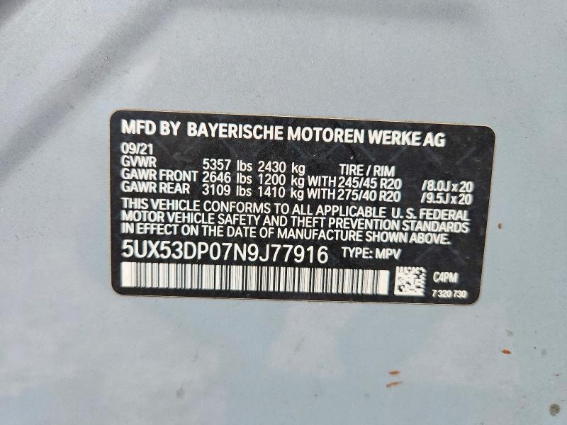 Photo 14 from auction – 2022 BMW X3 with VIN 5UX53DP07N9J77916