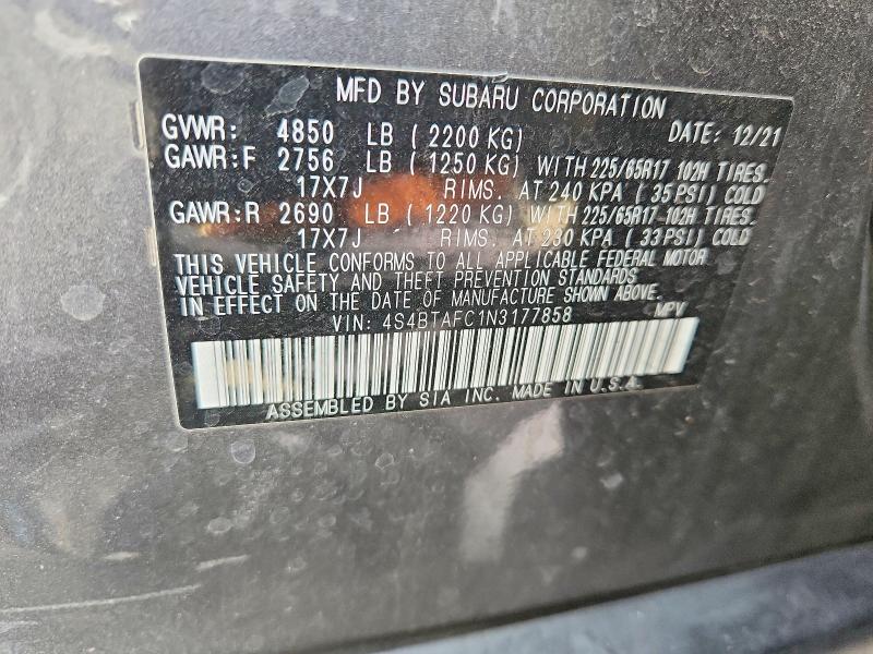 Photo 14 from auction – 2022 SUBARU OUTBACK with VIN 4S4BTAFC1N3177858