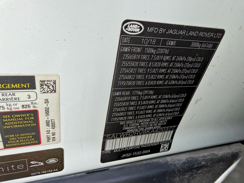 Photo 10 from auction – 2019 LAND ROVER RANGE ROVER SPORT with VIN SALWR2RV8KA420377