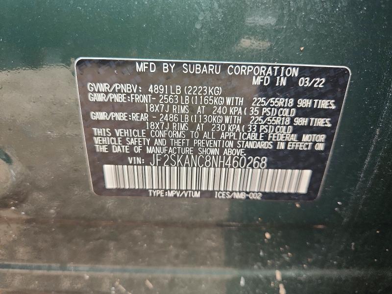 Photo 14 from auction – 2022 SUBARU FORESTER with VIN JF2SKANC8NH460268