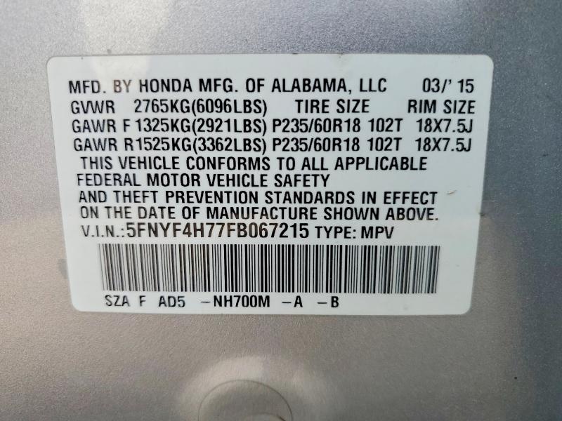 Photo 14 from auction – 2015 HONDA PILOT with VIN 5FNYF4H77FB067215