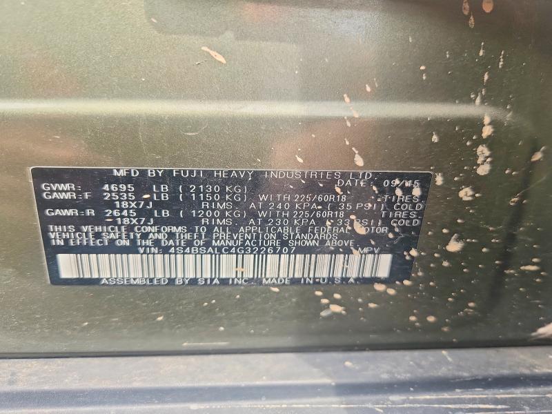 Photo 14 from auction – 2016 SUBARU OUTBACK with VIN 4S4BSALC4G3226707