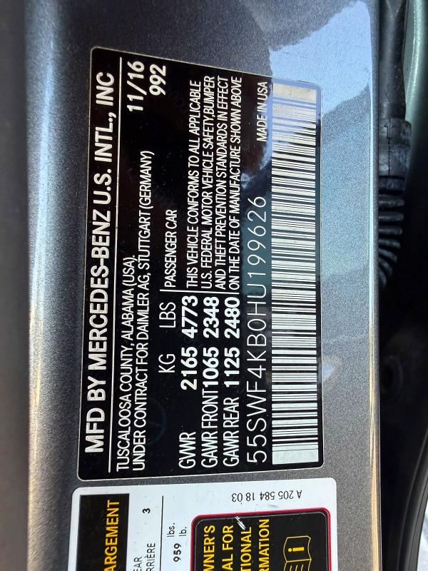 Photo 11 from auction – 2017 MERCEDES-BENZ C with VIN 55SWF4KB0HU199626