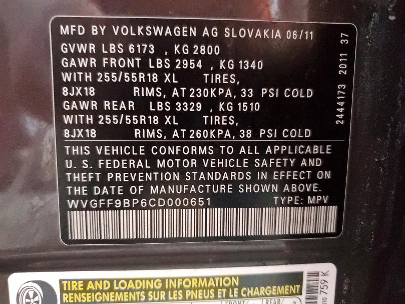 Photo 14 from auction – 2012 VOLKSWAGEN TOUAREG with VIN WVGFF9BP6CD000651