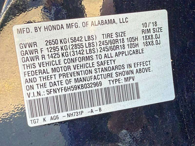 Photo 11 from auction – 2019 HONDA PILOT with VIN 5FNYF6H59KB032969