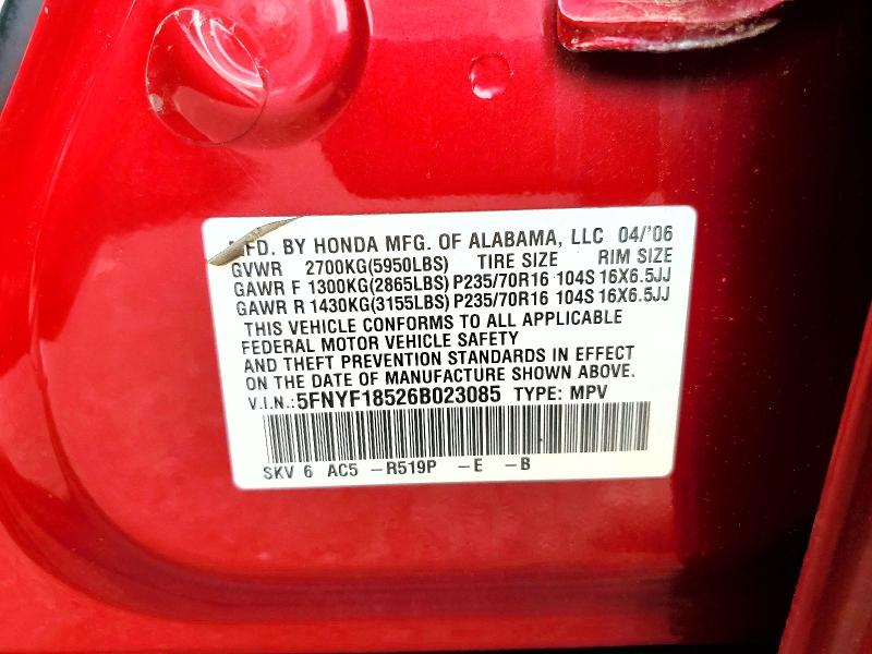 Photo 14 from auction – 2006 HONDA PILOT with VIN 5FNYF18526B023085