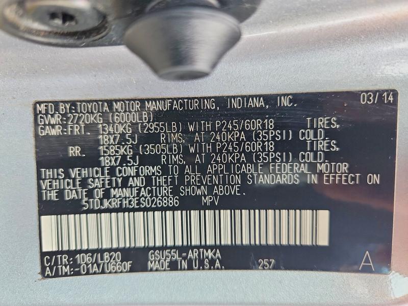 Photo 14 from auction – 2014 TOYOTA HIGHLANDER with VIN 5TDJKRFH3ES026886