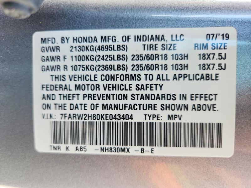 Photo 14 from auction – 2019 HONDA CR-V with VIN 7FARW2H80KE043404