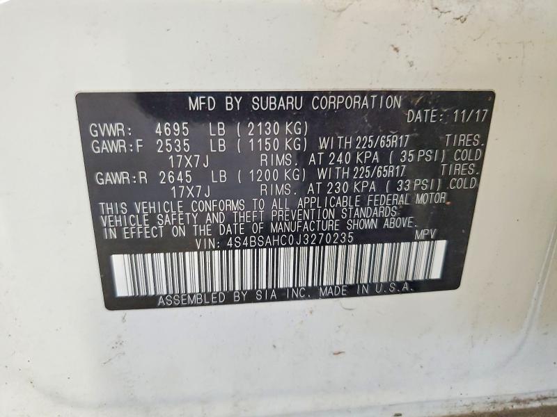 Photo 14 from auction – 2018 SUBARU OUTBACK with VIN 4S4BSAHC0J3270235