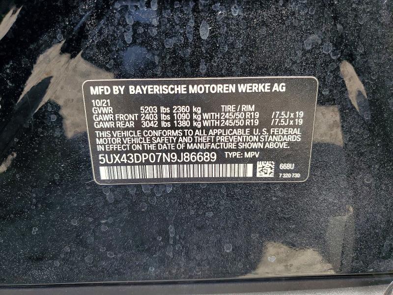 Photo 14 from auction – 2022 BMW X3 with VIN 5UX43DP07N9J86689