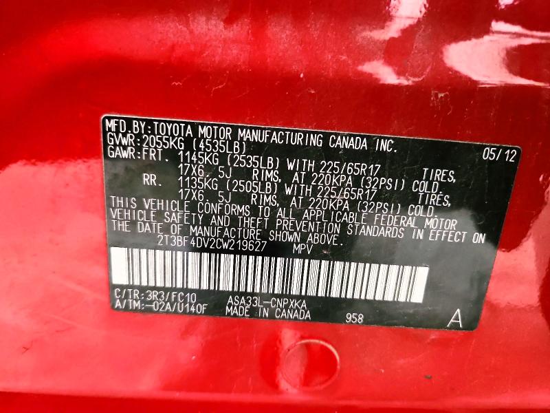 Photo 14 from auction – 2012 TOYOTA RAV4 with VIN 2T3BF4DV2CW219627