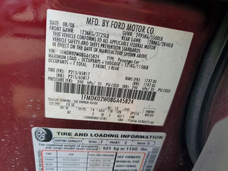 Photo 14 from auction – 2008 FORD TAURUS X with VIN 1FMDK02W08GA45824
