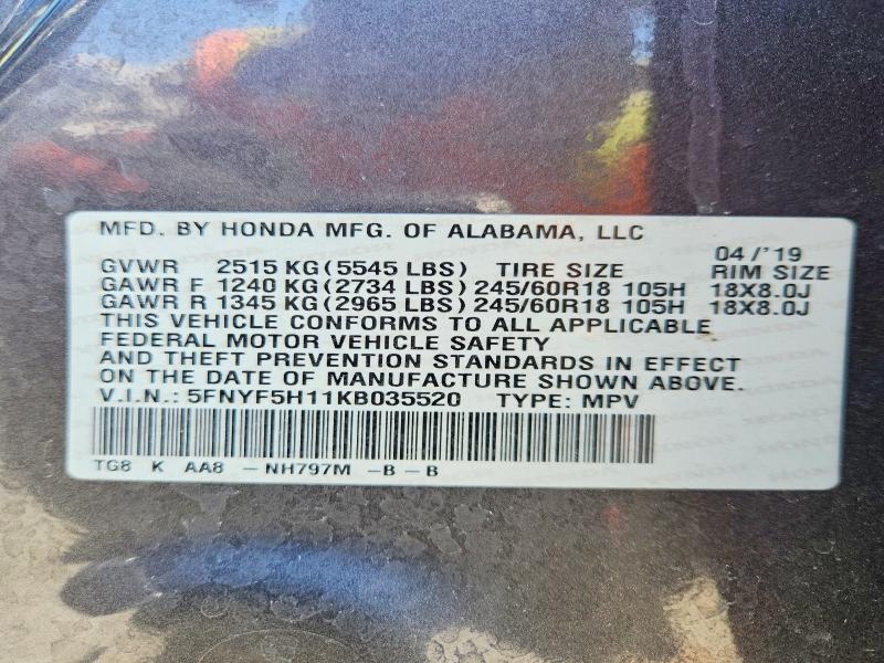 Photo 14 from auction – 2019 HONDA PILOT with VIN 5FNYF5H11KB035520