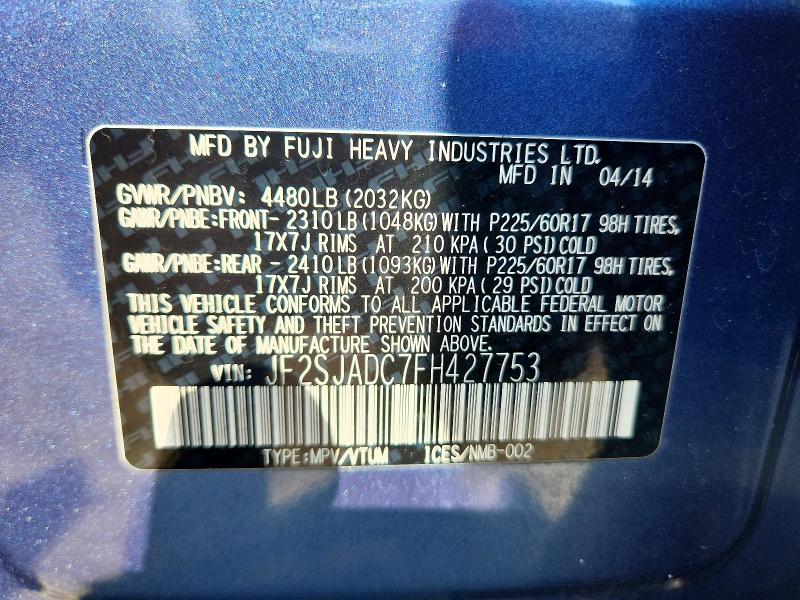 Photo 14 from auction – 2015 SUBARU FORESTER with VIN JF2SJADC7FH427753