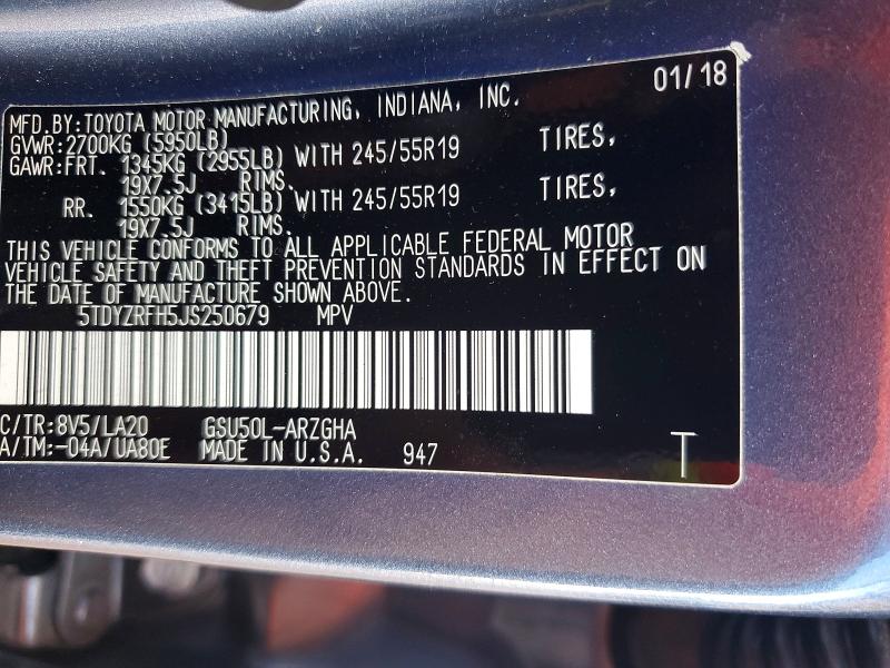 Photo 14 from auction – 2018 TOYOTA HIGHLANDER with VIN 5TDYZRFH5JS250679