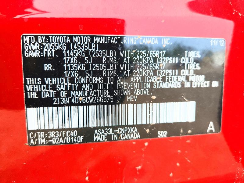 Photo 14 from auction – 2012 TOYOTA RAV4 with VIN 2T3BF4DV6CW266675