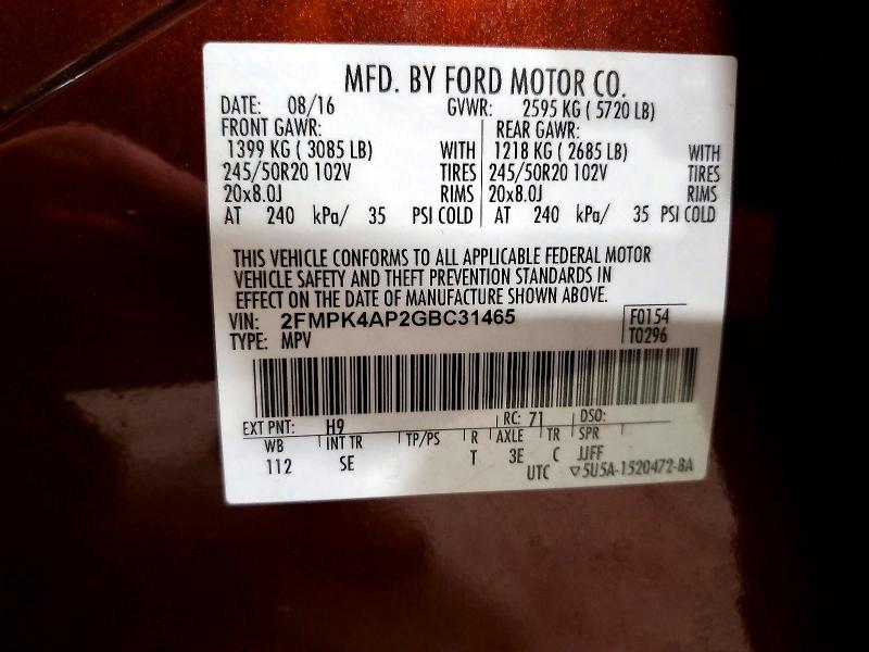 Photo 14 from auction – 2016 FORD EDGE with VIN 2FMPK4AP2GBC31465