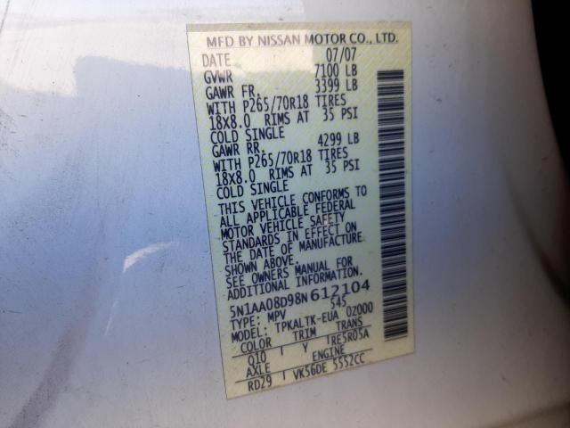 Photo 14 from auction – 2008 NISSAN ARMADA SE with VIN 5N1AA08D98N612104