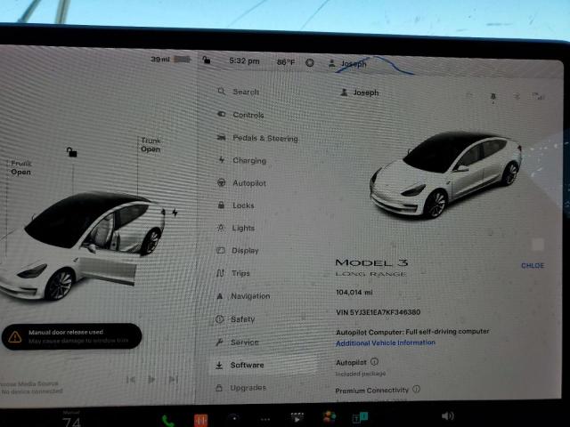 Photo 9 from auction – 2019 TESLA MODEL 3 with VIN 5YJ3E1EA7KF346380