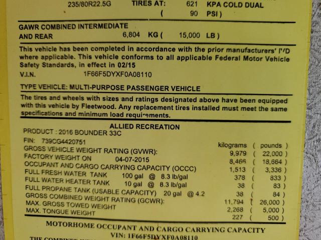 Photo 10 from auction – 2016 FORD MOTORHOME with VIN 1F66F5DYXF0A08110