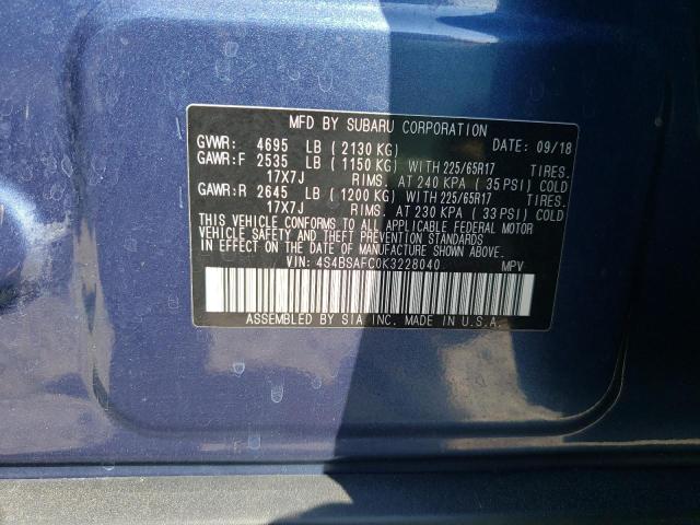 Photo 14 from auction – 2019 SUBARU OUTBACK 2. with VIN 4S4BSAFC0K3228040