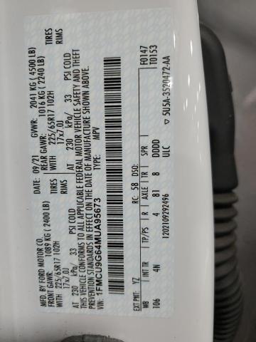 Photo 14 from auction – 2021 FORD ESCAPE SE with VIN 1FMCU9G64MUA95673
