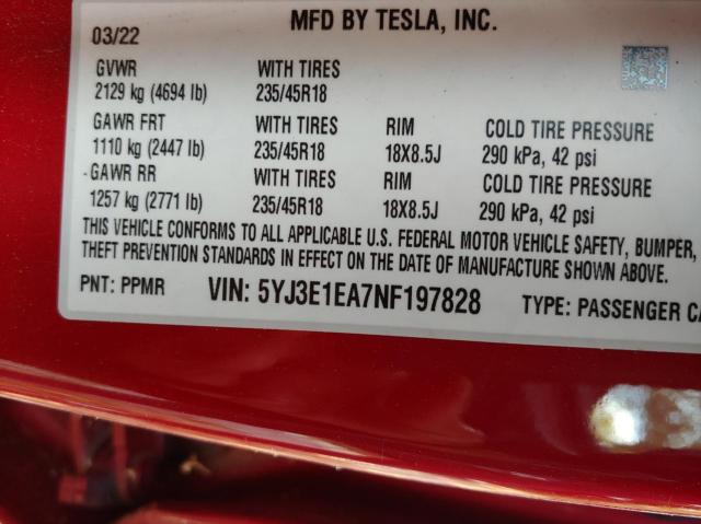 Photo 10 from auction – 2022 TESLA MODEL 3 with VIN 5YJ3E1EA7NF197828