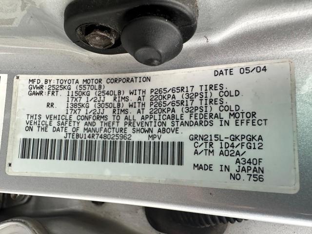 Photo 10 from auction – 2004 TOYOTA 4RUNNER SR with VIN JTEBU14R748025962