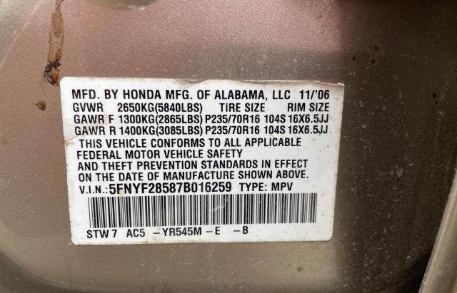 Photo 10 from auction – 2007 HONDA PILOT EXL with VIN 5FNYF28587B016259