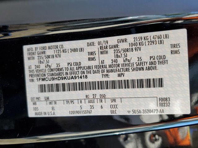 Photo 14 from auction – 2019 FORD ESCAPE SEL with VIN 1FMCU9HD9KUA91418