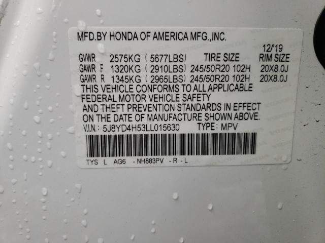 Photo 14 from auction – 2020 ACURA MDX TECHNO with VIN 5J8YD4H53LL015630