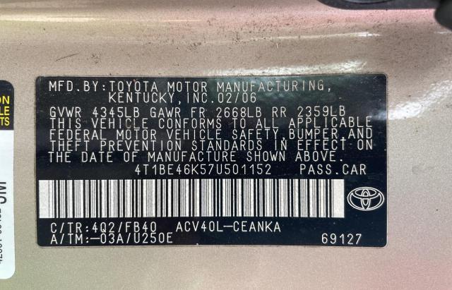 Photo 10 from auction – 2007 TOYOTA CAMRY CE with VIN 4T1BE46K57U501152