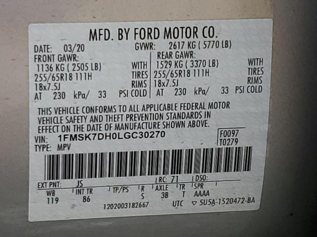 Photo 14 from auction – 2020 FORD EXPLORER X with VIN 1FMSK7DH0LGC30270