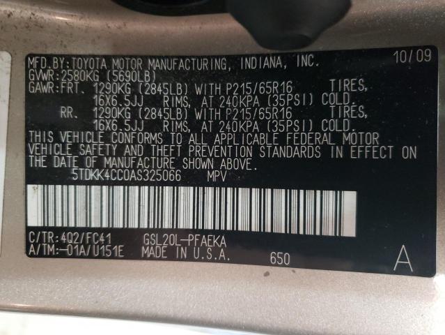 Photo 14 from auction – 2010 TOYOTA SIENNA CE with VIN 5TDKK4CC0AS325066