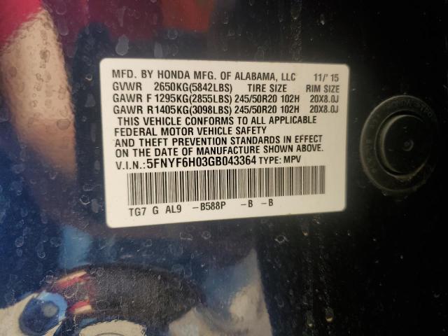 Photo 14 from auction – 2016 HONDA PILOT ELIT with VIN 5FNYF6H03GB043364