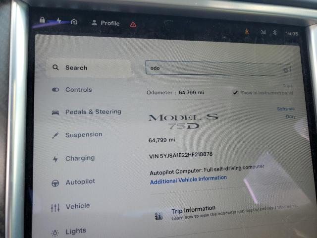 Photo 9 from auction – 2017 TESLA MODEL S with VIN 5YJSA1E22HF218878