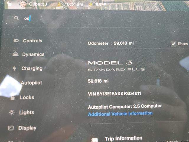 Photo 9 from auction – 2019 TESLA MODEL 3 with VIN 5YJ3E1EAXKF304611