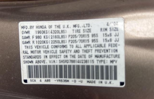 Photo 10 from auction – 2004 HONDA CR-V EX with VIN SHSRD78814U238115
