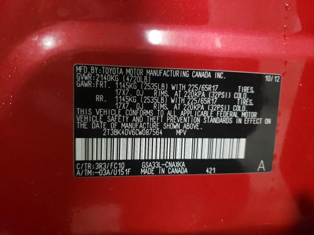 Photo 14 from auction – 2012 TOYOTA RAV4 with VIN 2T3BK4DV6CW087564