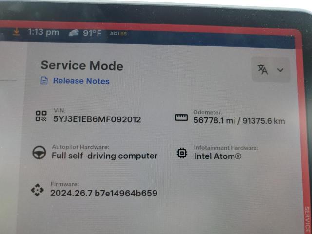 Photo 9 from auction – 2021 TESLA MODEL 3 with VIN 5YJ3E1EB6MF092012