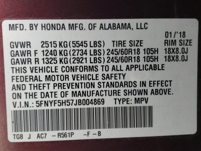 Photo 14 from auction – 2018 HONDA PILOT EXL with VIN 5FNYF5H57JB004869