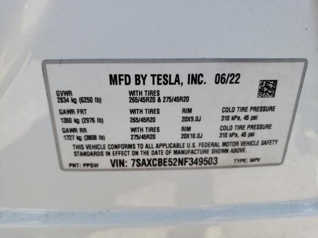 Photo 14 from auction – 2022 TESLA MODEL X with VIN 7SAXCBE52NF349503