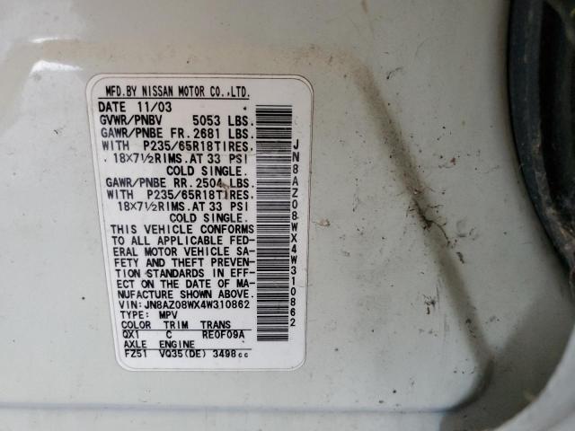 Photo 14 from auction – 2004 NISSAN MURANO SL with VIN JN8AZ08WX4W310862