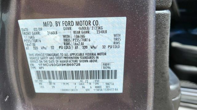 Photo 10 from auction – 2009 FORD ESCAPE XLT with VIN 1FMCU93GX9KB69728