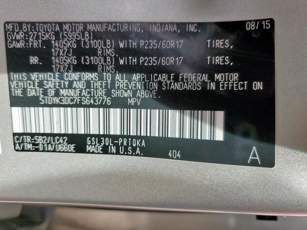 Photo 14 from auction – 2015 TOYOTA SIENNA XLE with VIN 5TDYK3DC7FS643776