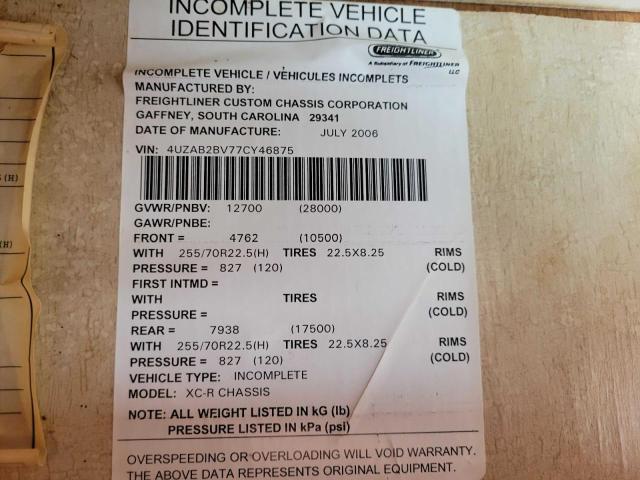 Photo 10 from auction – 2007 FREIGHTLINER CHASSIS X with VIN 4UZAB2BV77CY46875