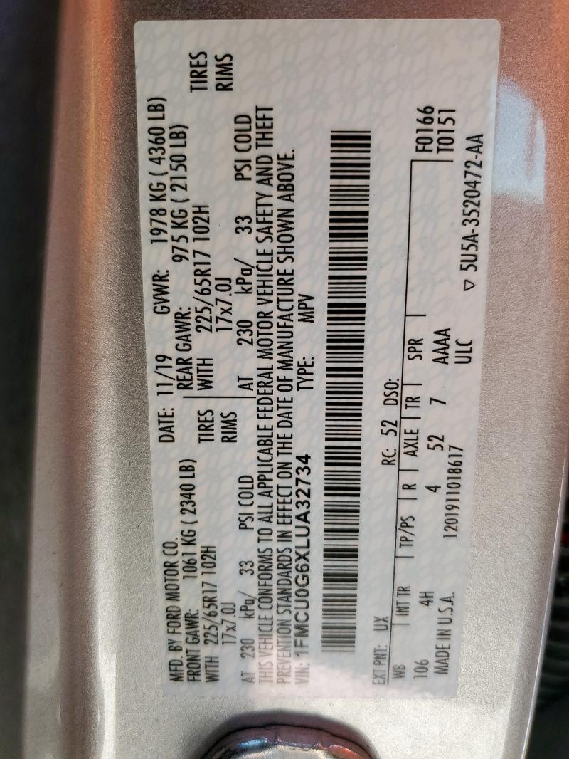 Photo 14 from auction – 2020 FORD ESCAPE SE with VIN 1FMCU0G6XLUA32734
