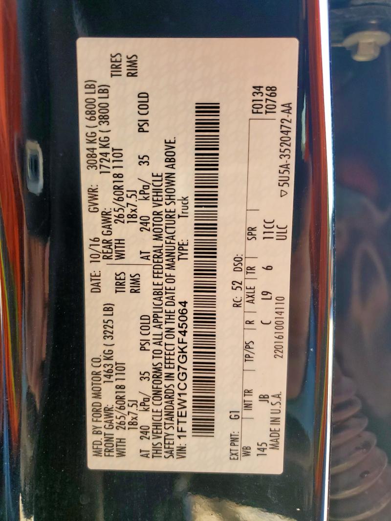 Photo 14 from auction – 2016 FORD F150 SUPERCREW with VIN 1FTEW1CG7GKF45064