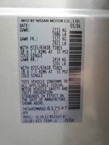 Photo 14 from auction – 2016 NISSAN PATHFINDER with VIN 5N1AR2MN6GC617547